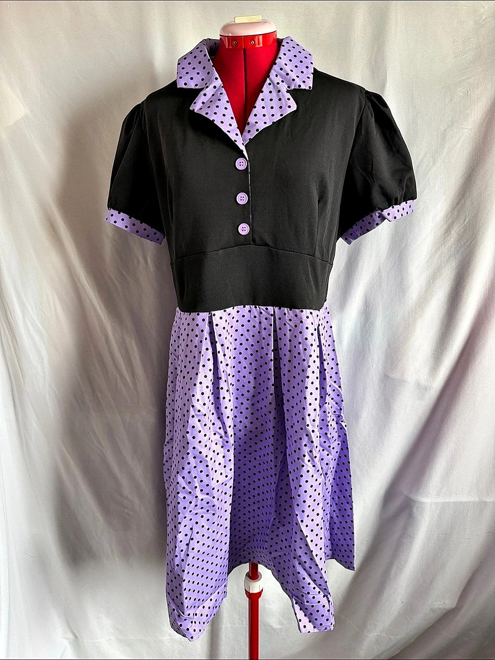 Polka Dot Midi Dress in Purple & Black Like New